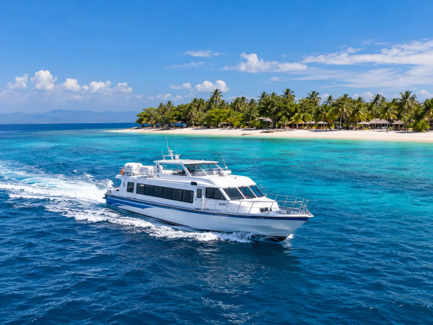 A fast boat sailing past a palm-lined island beach.