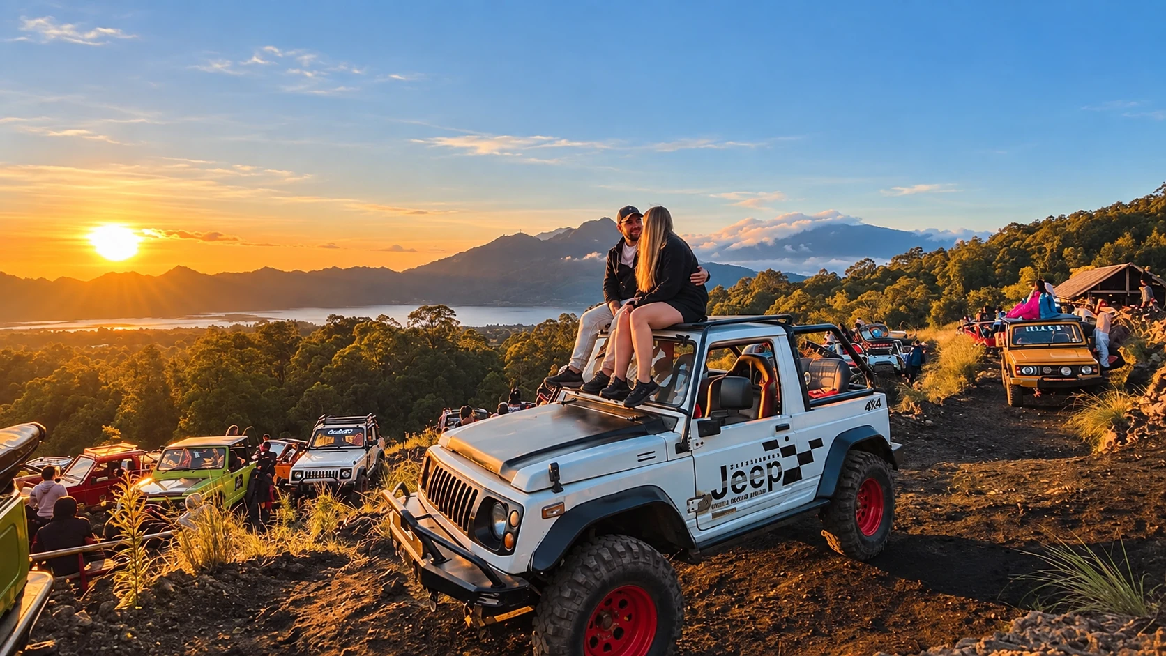 Guests sitting on a jeep at the Mount Batur sunrise viewpoint.