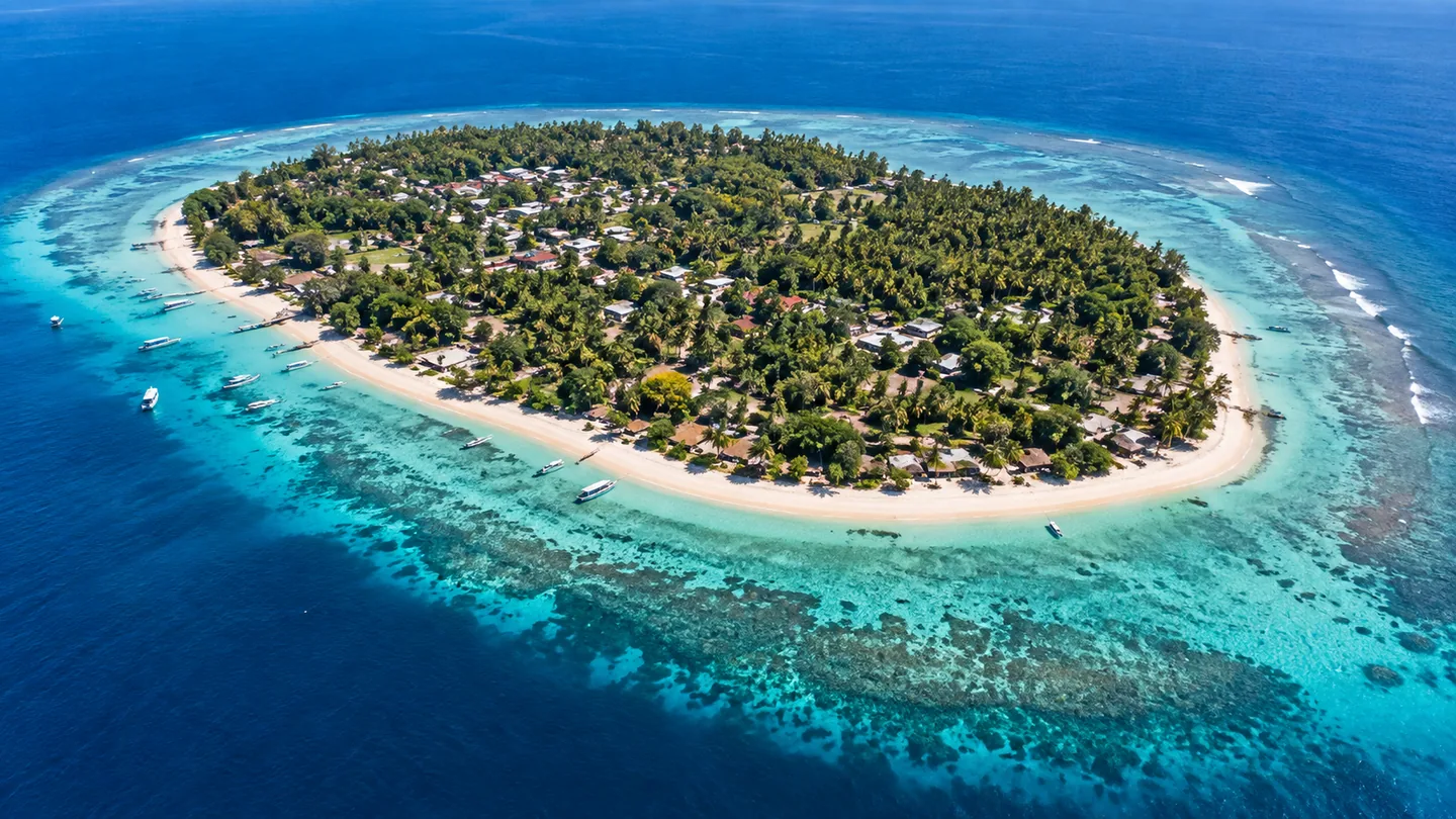 AI-generated aerial illustration of a tropical island inspired by the Gili Islands